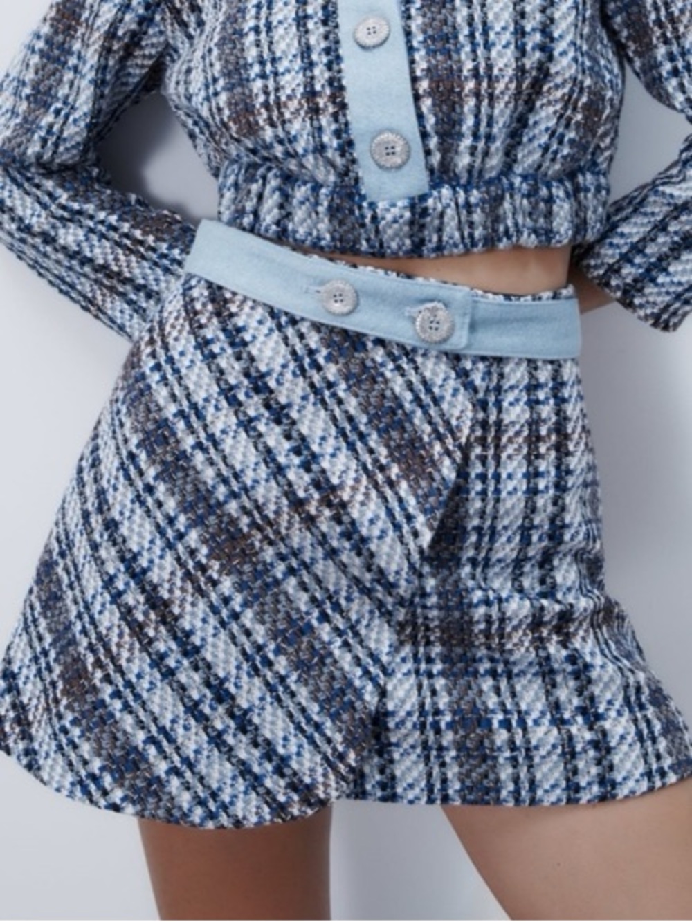 Blue Plaid Tweed Mini Skirt